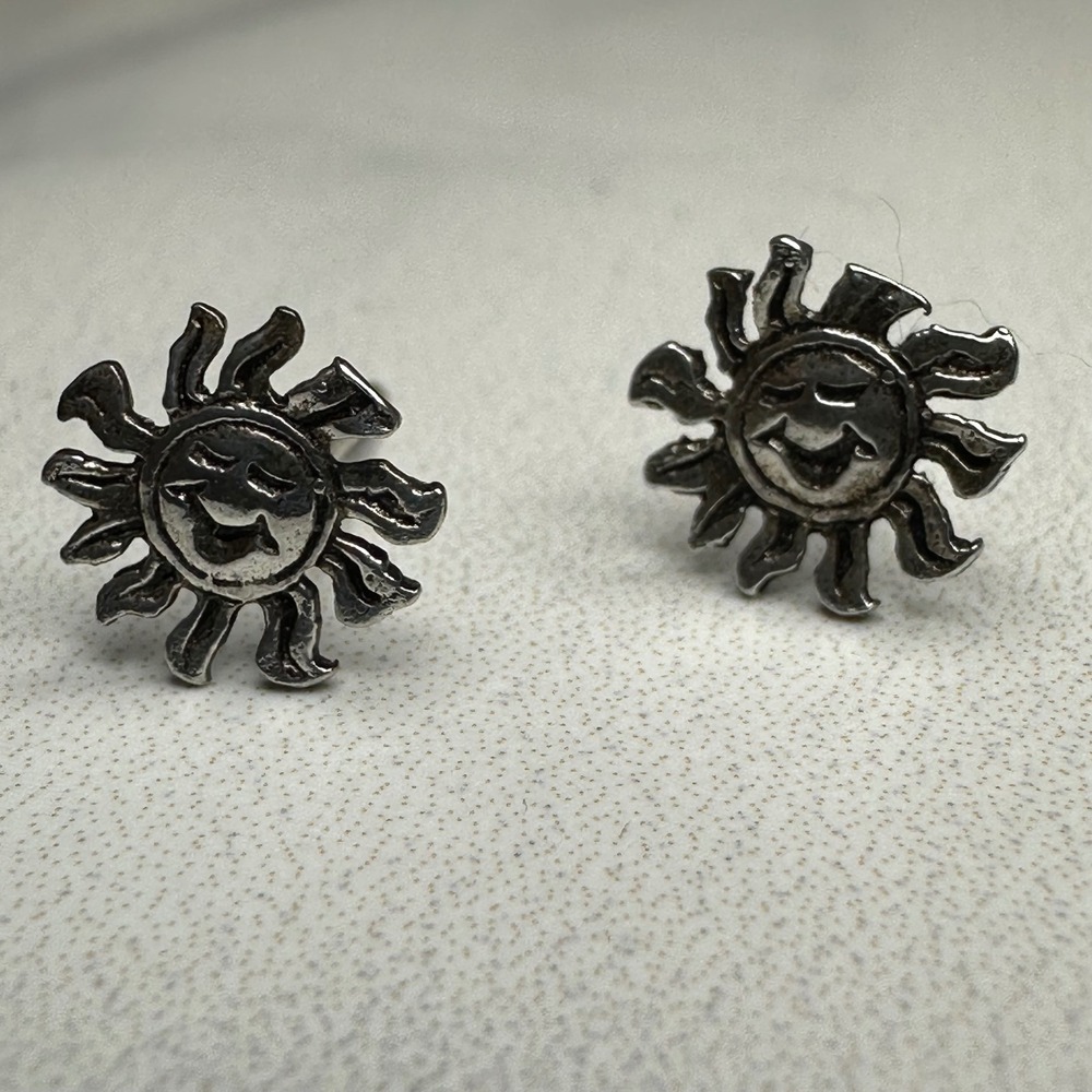 Y2K Sterling Silver Sun‎ Face Stud Earrings Happy Smiley Cute Gift